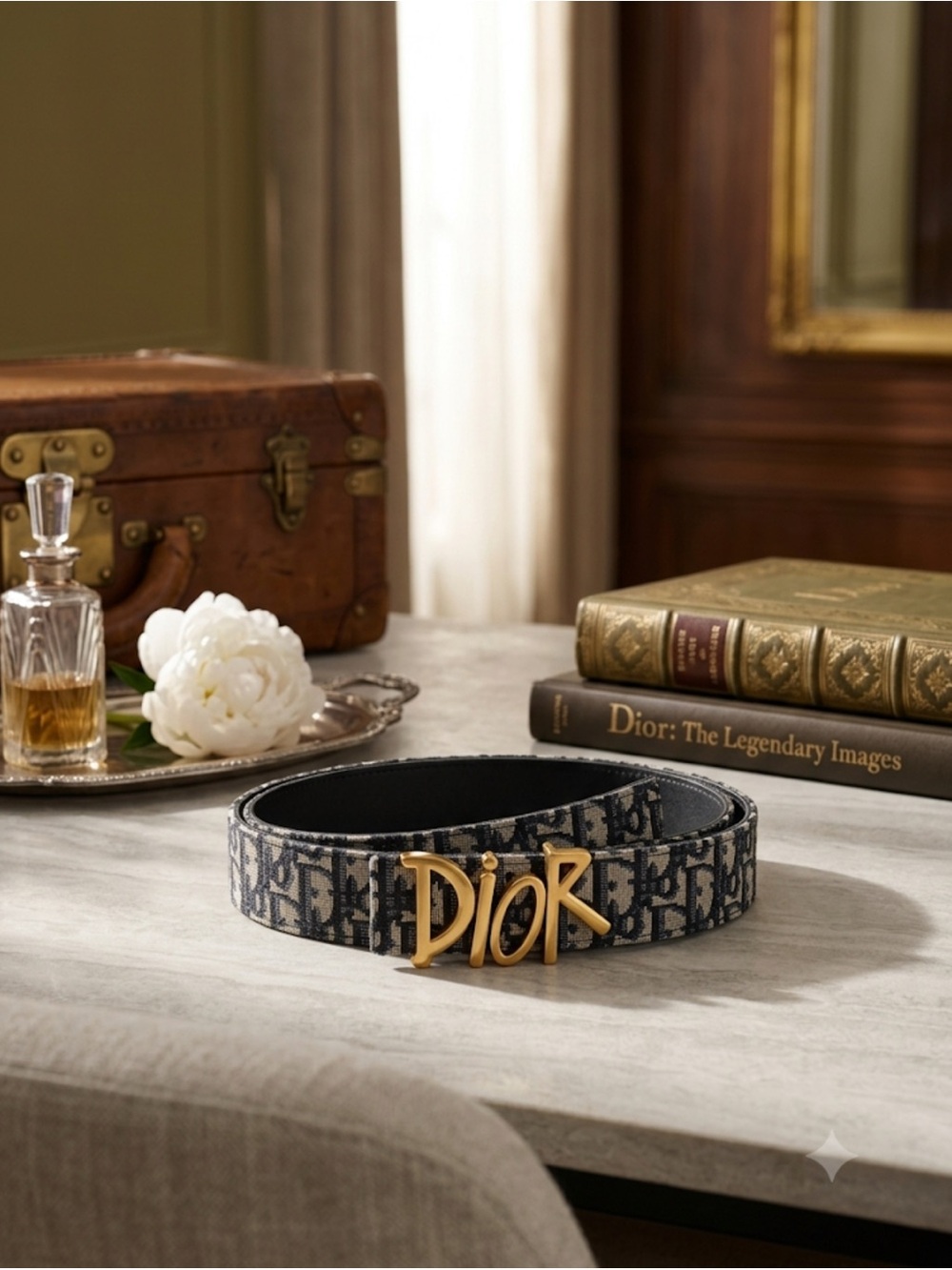 Black and Gray Dior Oblique Logo Belt with Gold DIOR Buckle